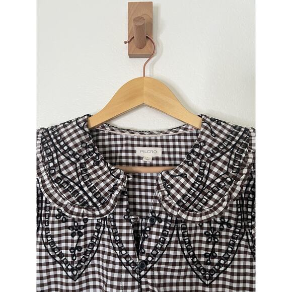 Anthropologie Pilcro Keira Long Sleeve Shirt Dress Brown Gingham Black Embroider - Picture 5 of 9